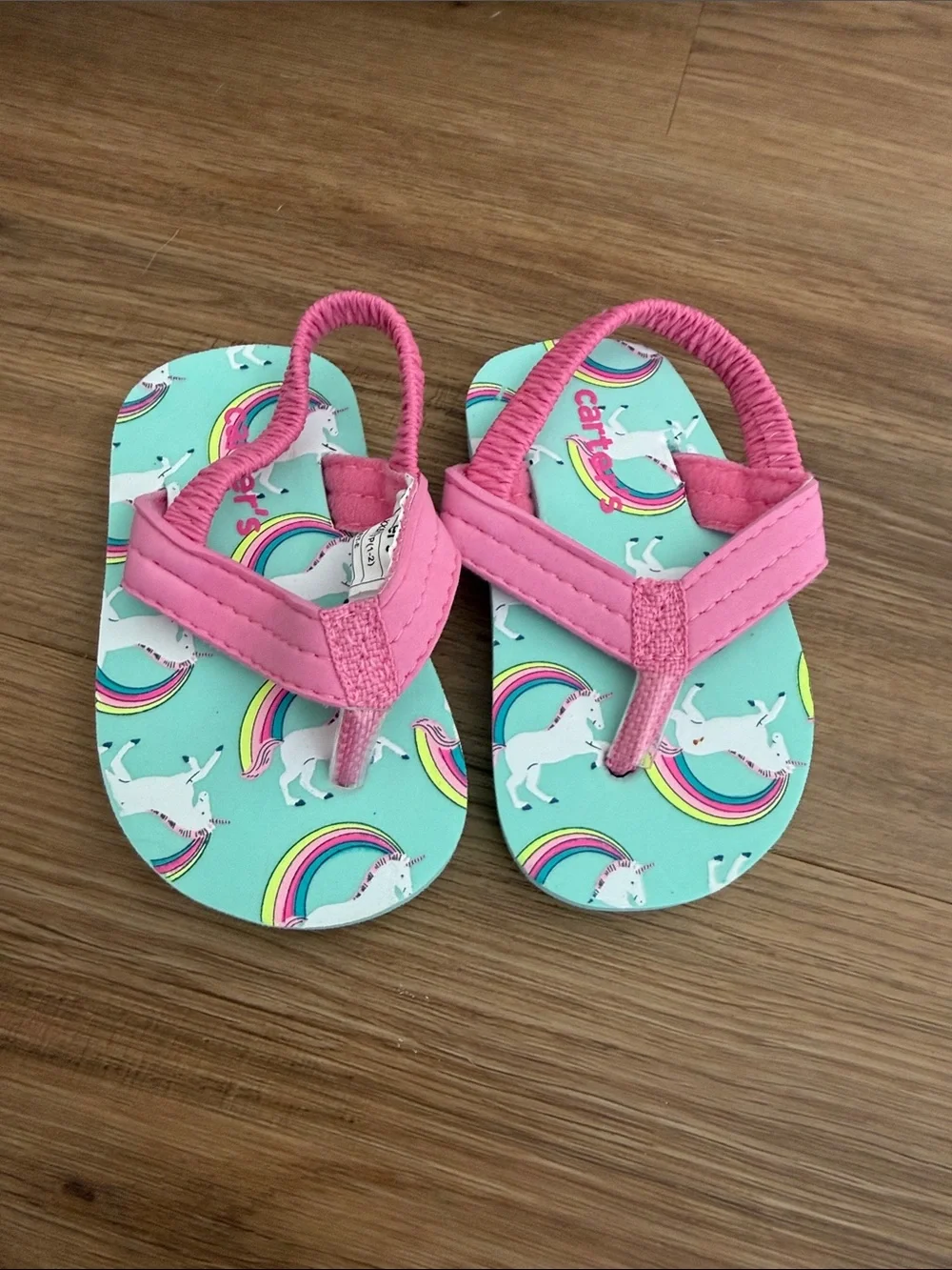 Carter's Pink Strap Toddler Flip Flops with Mint Unicorn Print